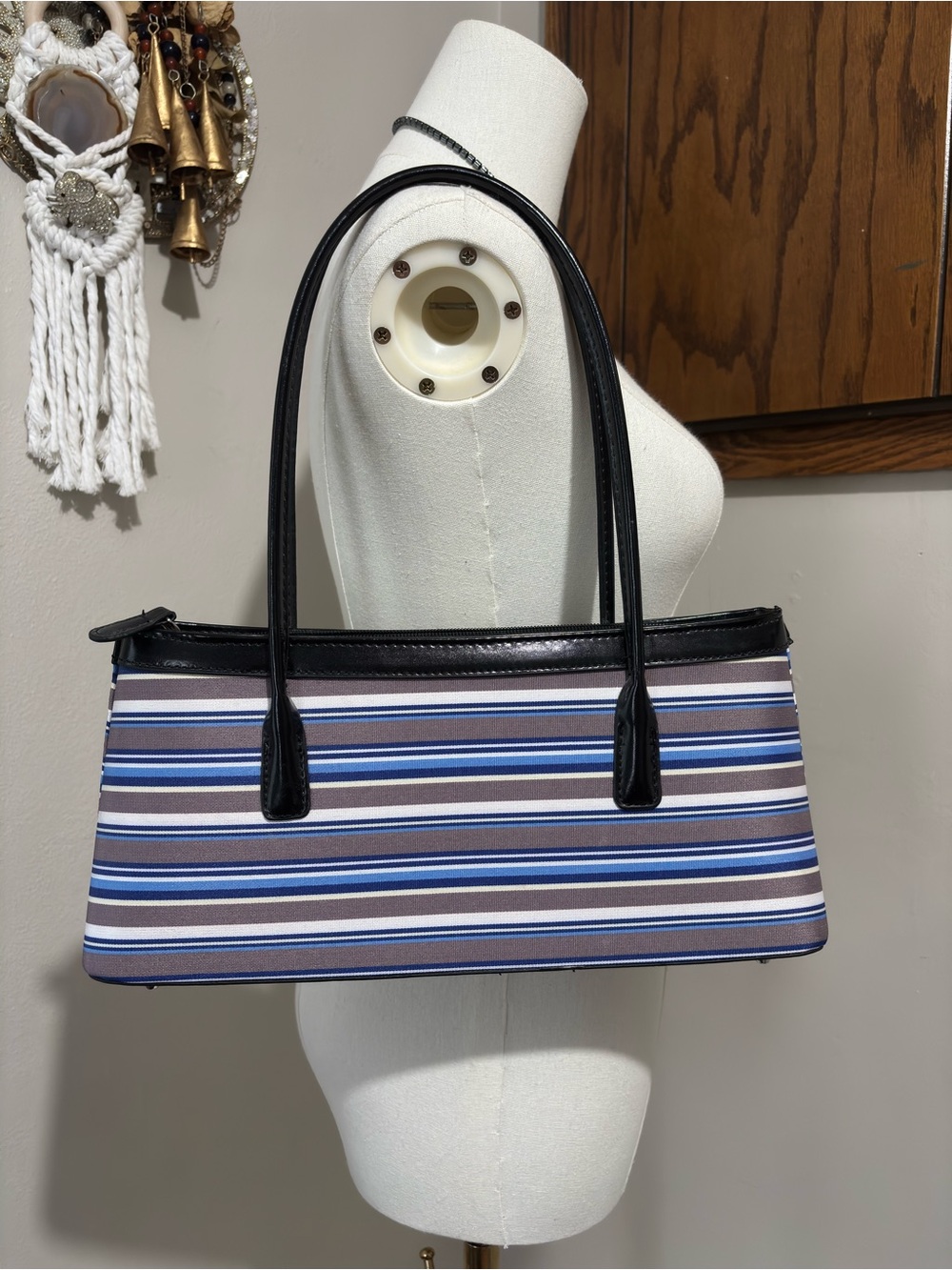 Striped Blue and Brown Shoulder Tote Bag Purse